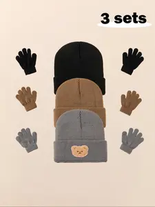 3pcs Baby Beanie Hat, Bear Infant Newborn Toddler Winter Warm Knit Cap, Knitting Beanie, Casual Letter Pattern, Fall & Winter Outdoor Accessories