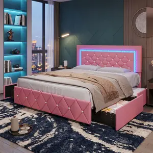 Upholstered Platform Bed Frame with LED Lights & USB Port, Diamond Tufted Headboard Footboard, Storage Drawers Design, No Box Spring Needed, Modern Bedroom Furniture, Multi  Twin Full Queen Size Space Saving Home Bedroom Decor