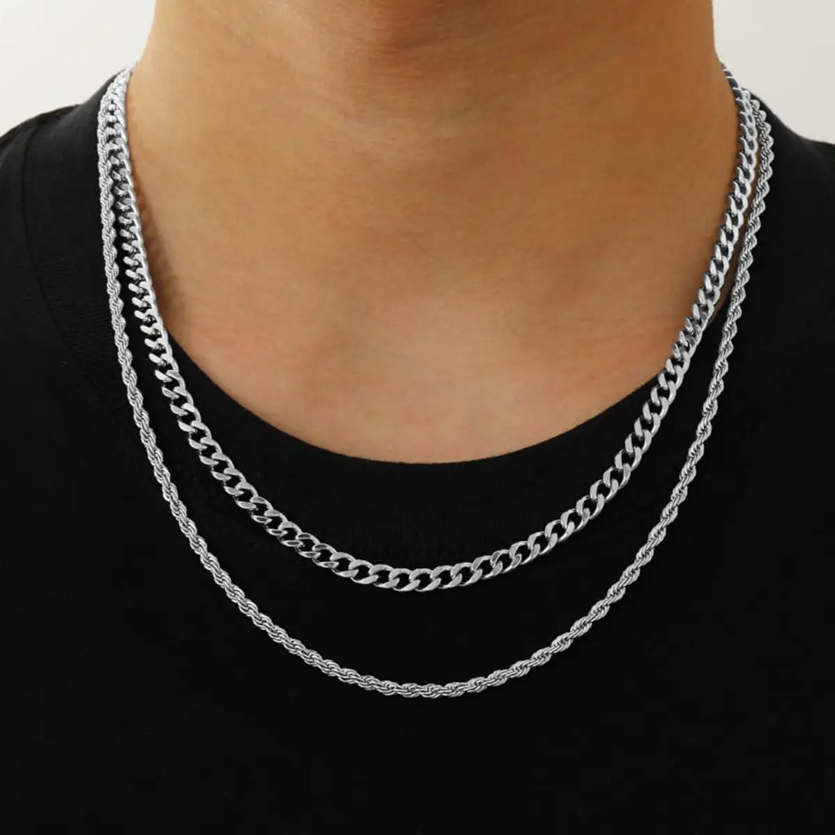 Stainless Steel Layered Chain Necklaces for Men Boys, 2Pcs Cuban Link/Rope Chain Jewelry Gifts, 18 "/20 ", 20 "/22 ", 22 "/24 "