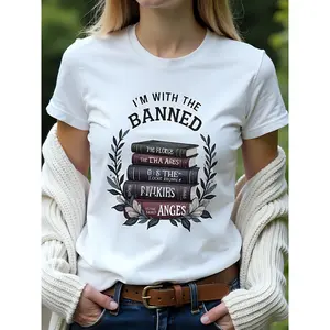 Women's 180g White Cotton Crew Neck Short Sleeve T-Shirt I'm With The BANNED Book Print Graphic Tee Literary Fun Halloween Gift Plus Size Women