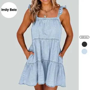 Imily Bela Womens Summer Denim Dress Square Neck Ruffle Trim Sleeveless Babydoll Flowy Jean Dresses with Pockets