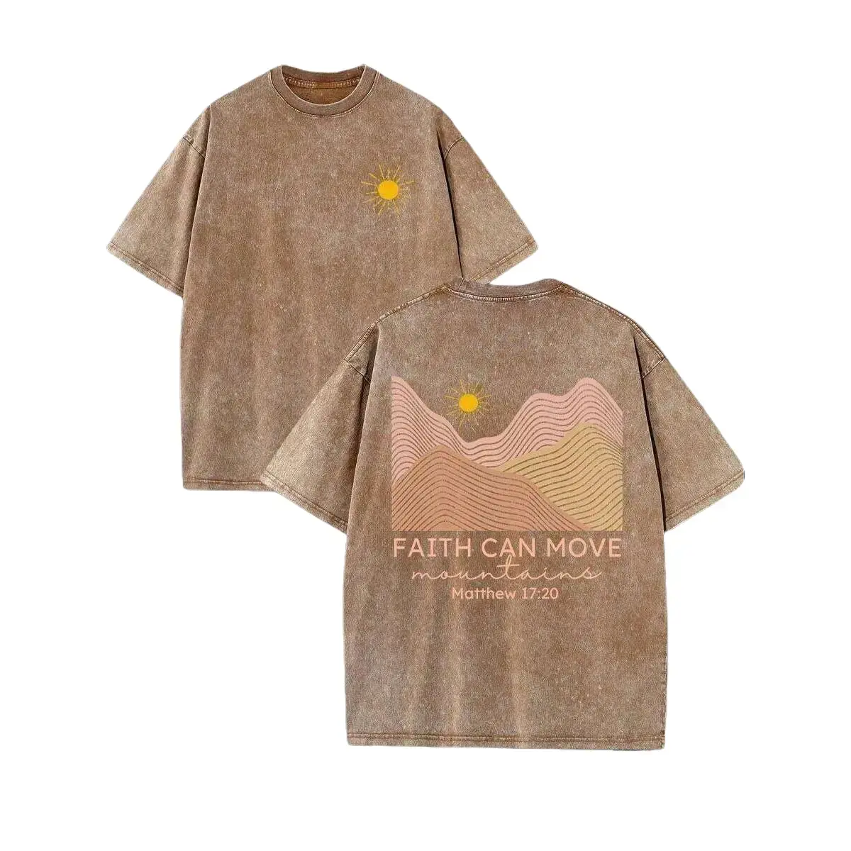 Faith Can Move Mountain Unisex Washed Christian Shirt, Christian Scripture T-Shirt, Vintage Retro Washed Shirt Double Sided Printed (230 Pure Cotton T-Shirt) High Quality Christian T-Shirt