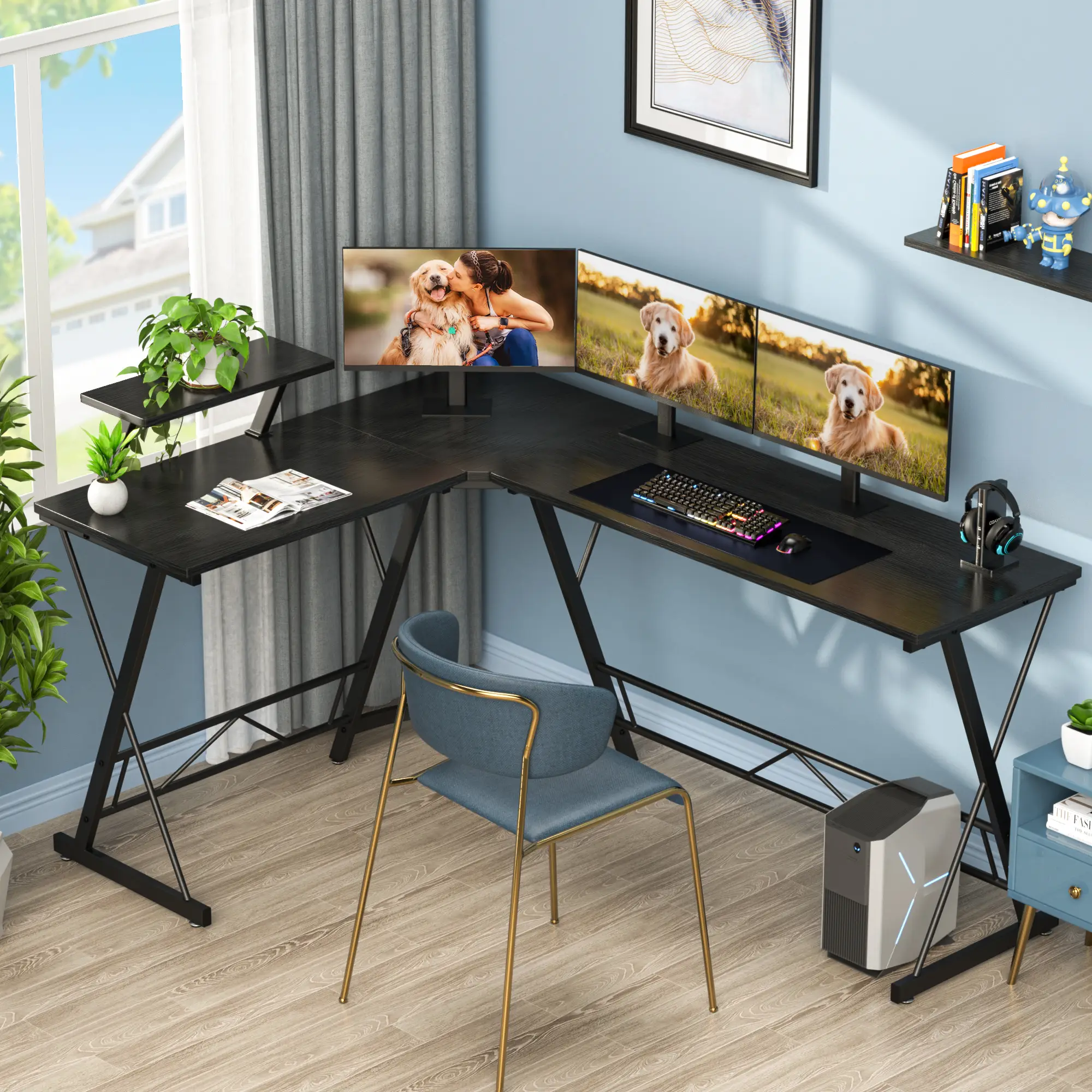 Mr IRONSTONE 63" L Shaped Computer Desk, Corner Desk, Home Office Desk, Gaming Writing Workstation with Large Monitor Stand, Easy to Assemble, Black W