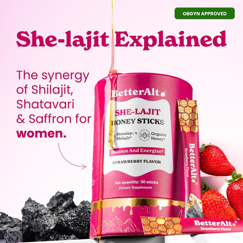 Women Multi-Mineral Honey Sticks | BetterAlt SHE-Lajit Strawberry Flavor | Shilajit, Shatavari & Saffron | Hormonal Balance & Energy - 30 Honey Packs