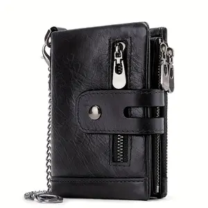 Chain Wallets for Men - Genuine Leather RFID Blocking Card Holder, Bifold Wallet With Double Zipper Coin Pocket - For Men - Suitable for Everyday Carry - Perfect Gift for Father's Day