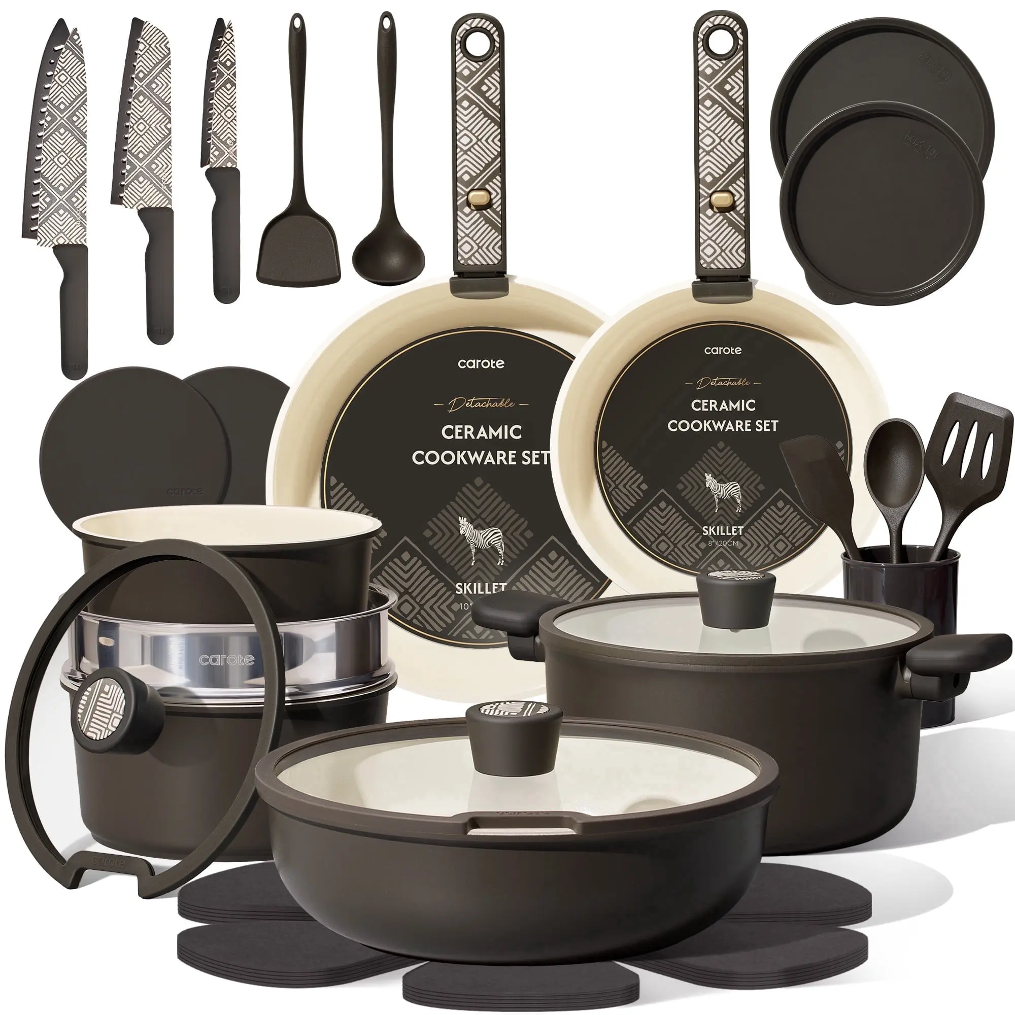 CAROTE 33-Pieces Ceramic Cookware Set, Nonstick Pots and Pans with Detachable Handles and Lids, Induction Compatible, Diswasher Safe, Black