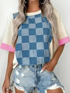 Checkered Denim Patchwork Short Sleeve Loose Top for Women, Dusk Blue Colorblock Casual Tee