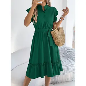 Women's Solid Color Belted Ruffle Trim Dress, Casual Short Sleeve Collared Dress for Summer, Ladies Clothes for Daily Wear, Shortsleeve Womenswear, Casual Fashion Dress