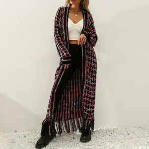 Women's autumn and winter warm bohemian casual multi-color geometric pattern tassel plaid collar hem open front loose long sleeved open top woolen sweater jacket set knitted cute girlRAIMENTRY