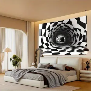 2D Flat, 2D Flat - 2D Flat, 2D Flat - 2D Flat, Top Choice Local 1pc Black And White Checkered Tunnel Peach Skin Tapestries - Lively 2D Visual Impact for Living Room, Bedroom, Office, Or Party Decoration