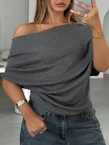 Women's Summer Plain Asymmetrical Batwing Sleeve Knit Top, Loose Fit Short Sleeve Drop Shoulder T-Shirt, Casual Style Without Zipper, Womenswear