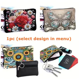 1pc DIY Flower Diamond Art Coin Pouch with Zipper, Size 12cm*9.2cm PU Leather Diamond Painting Purse for Daily Use Travel, Mini Change Bag, Card Bag, Gift for Women, Friends and Family, Suitable for Birthday, Wedding, Mother's day, Holiday Festival Party