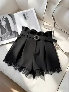 Women's High Waist Lace Patchwork Wide Leg Fashion Shorts Bottom, Loose Fit A-Line Metal Ring Belt, Casual Ootd Commuter College Style High Waisted Shorts