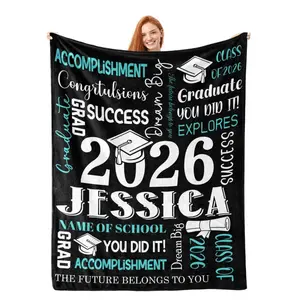 I graduated！Custom Class of 2026 Graduation Blanket, Black Teal & White Inspirational Throw Blanket, "Jessica" Personalized Grad Gift