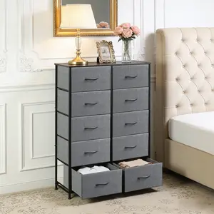 Optimal organisation – Tall chest of drawers with 10 metal and fabric drawers – Modern industrial style – For bedrooms, dressing rooms, hallways and living rooms – Colour: grey