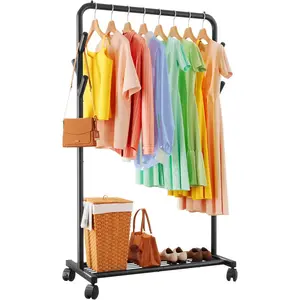 Metal Coat Rack with Bottom Shelf, Portable Wardrobe Rack with 6 Side Rods, Rolling Clothing Rack for Hanging Clothes for Bedroom or Laundry Room, Black (28.7 x 17 x 59.4)