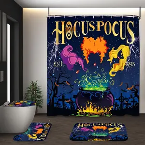 Halloween Themed Shower Curtain Set, 4 Counts/set Including Shower Curtain, Toilet Lid Cover, Bath Mat & U-shaped Contour Toilet Mat, Bathroom Decor