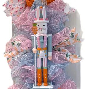 Bunny Nutcracker Easter Swag with Pink Bunny Hat and Orange Boots for Festive Decor