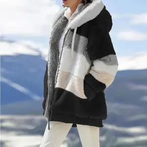 Winter fashion women's coat 2025 hooded zipper women's jacket splicing thick cashmere women's jacket stitching grid women's coat