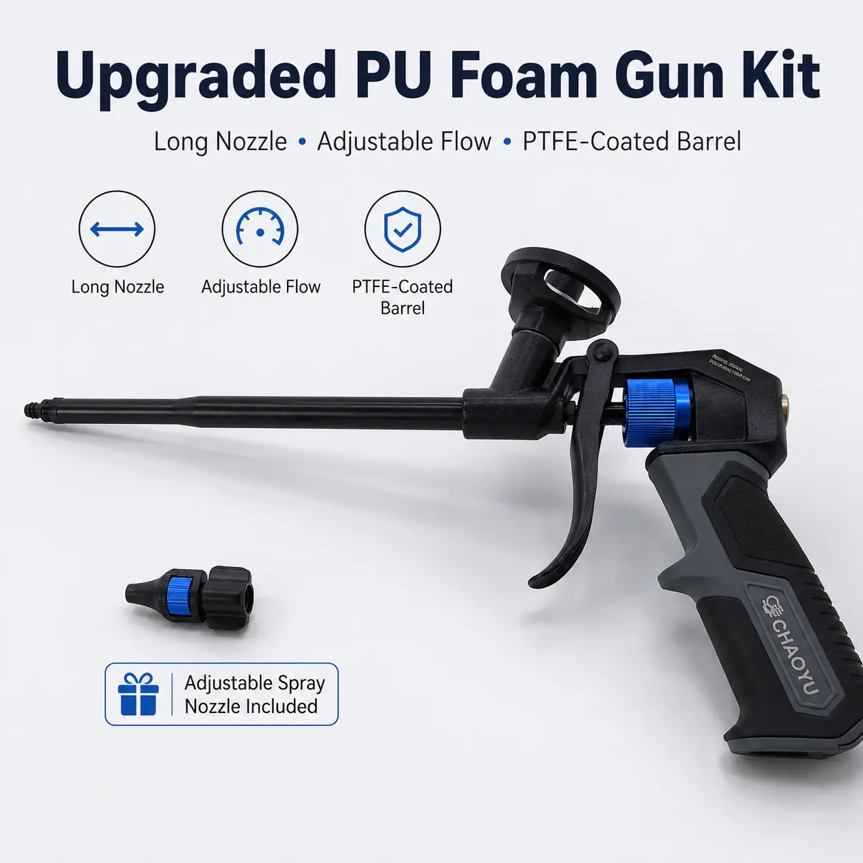 Durable Construction Aluminum Alloy PU Foam Spray Gun Kit - PTFE-Coated Barrel, Brass Components, Adjustable Flow Control, Long Reach Nozzle & Tube, Manual Applicator for Insulation, Gap Filling