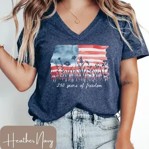 Womens Patriotic, 250 Years of Freedom Floral Tee, America 250 Shirt, Fourth of July Wildflower Top, Semiquincentennial VNeck 9