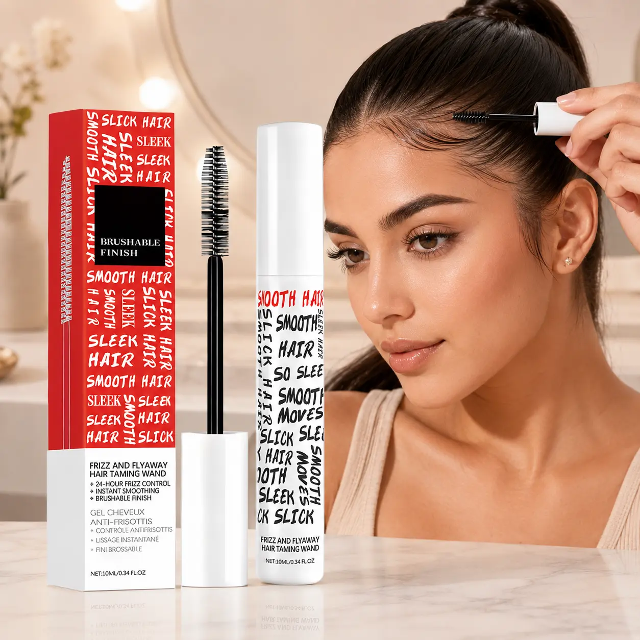 BOGO Free - Hair Taming Wand for Flyaways, Frizz Control Stick with Brush Applicator, Smooth Sleek Hair Styling Gel for Baby Hairs & Edges, Portable Hair Care Tool