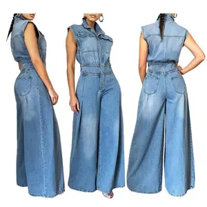 2025 Spring Tops And Pants Onesie Women's Style Casual Wash Sleeveless Denim Jumpsuit Wide-leg Blue Overalls