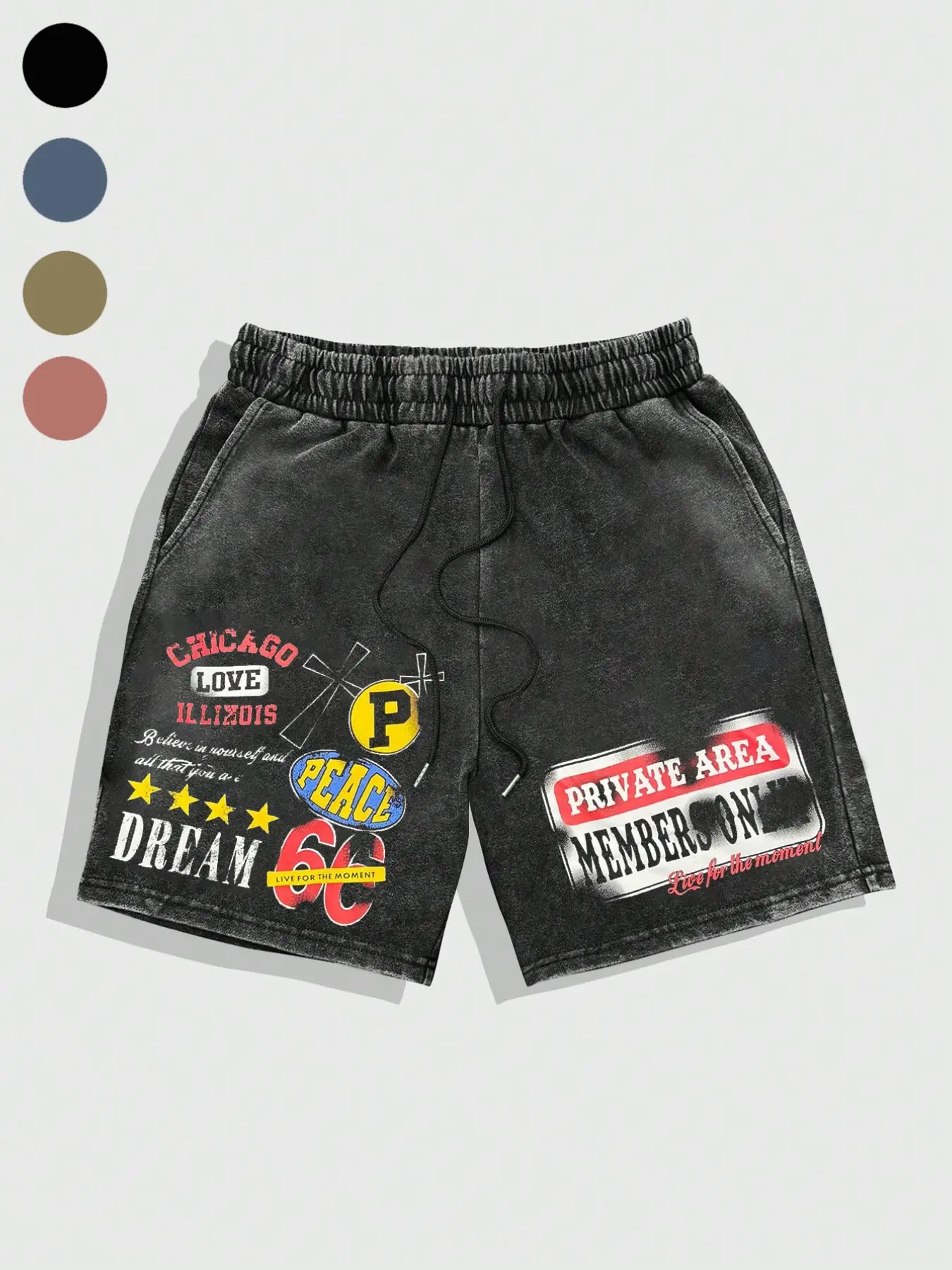 Men's Washed '66 Road' Loose Graphic Shorts, Vintage Patchwork Print, Soft Cotton Blend Fabric, Casual Street Style, Daily Wear