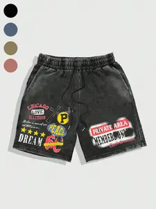 Men's Washed '66 Road' Classic Loose Shorts, Vintage Graphic Patchwork Print, Soft Cotton Blend Fabric, Casual Streetwear Style, Daily Wear