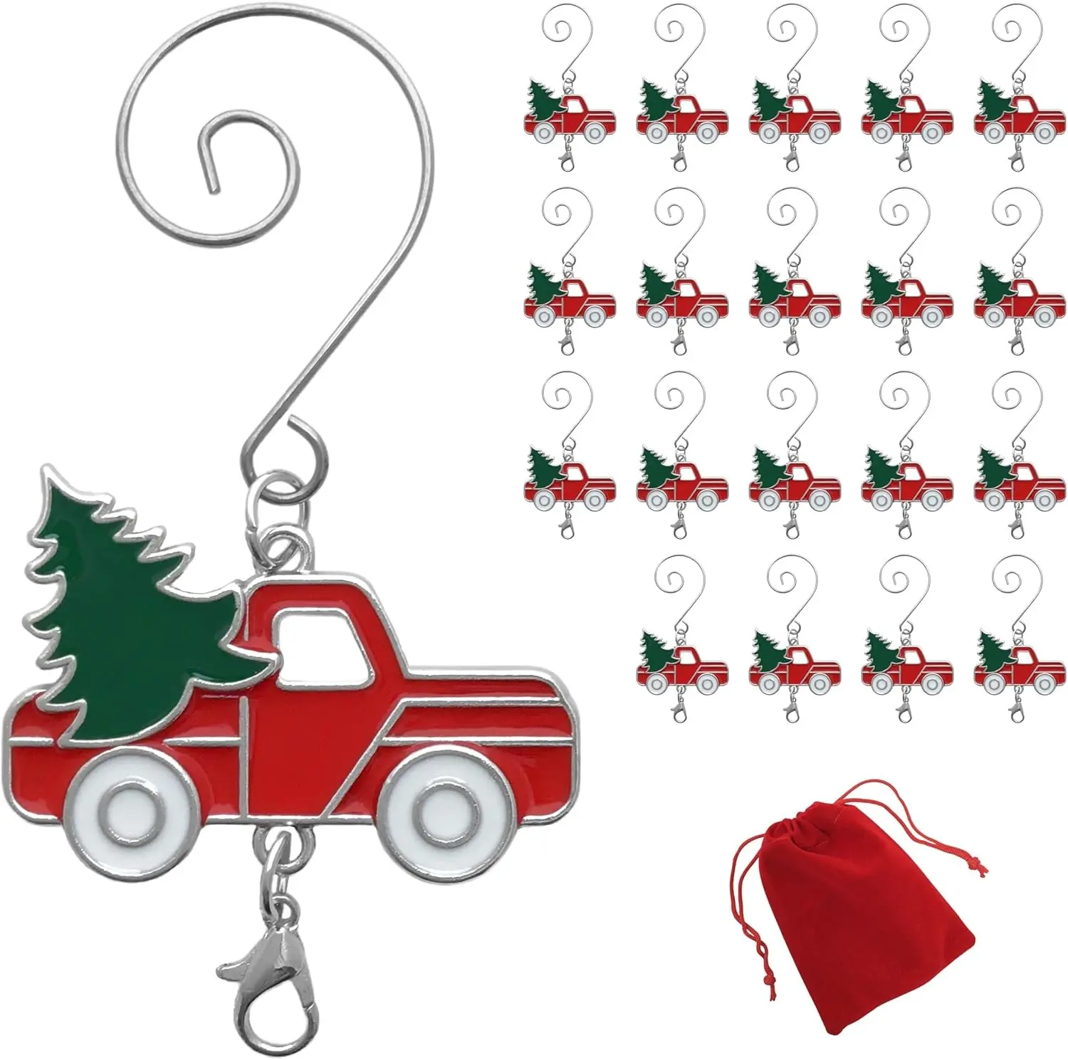 Set of 20 3 Inch Red Truck Christmas Ornament Hooks Decorative Holiday Hanging Hangers with S Hook and Lobster Claw for Christmas Tree