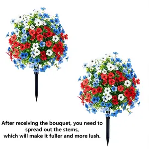 2 Artificial Stakes with Violet and Eucalyptus Flowers, Rainproof, Plastic Flower Decoration, Red, White, and Blue Flowers, Indoor/Outdoor Decoration, Suitable for Weddings, Garden Decorations Faux Flowers, Suitable for Independence Day