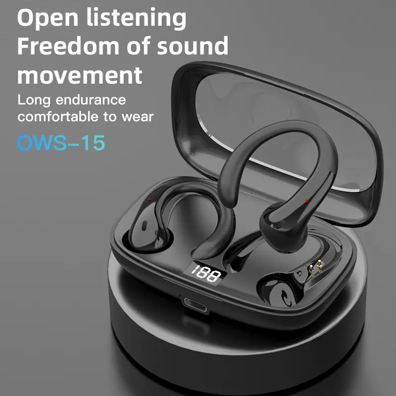 OWS-15 Wireless Headphones Open-Ear Earbuds with Digital Display Charging Case Skin-Friendly Silicone Waterproof for Sports Gaming Comfortable Wear Clear Sound Long Endurance - Audio