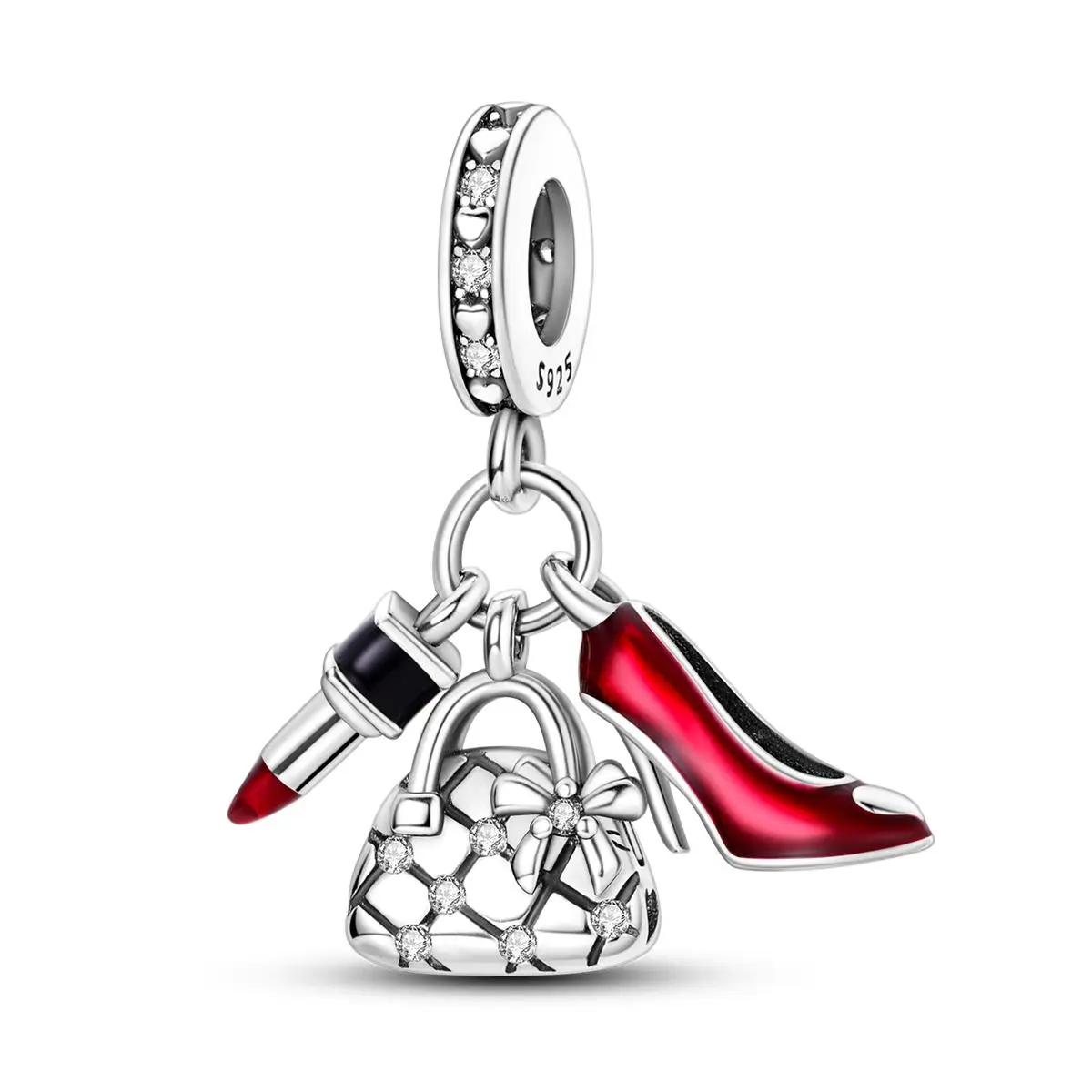 MULA 925 silver plated fashion icon pendant | High heels, lipstick and handbag charms with zircon | Women's fashion jewelry | Fits Pandora bracelets and necklaces | Perfect gift for fashion lovers