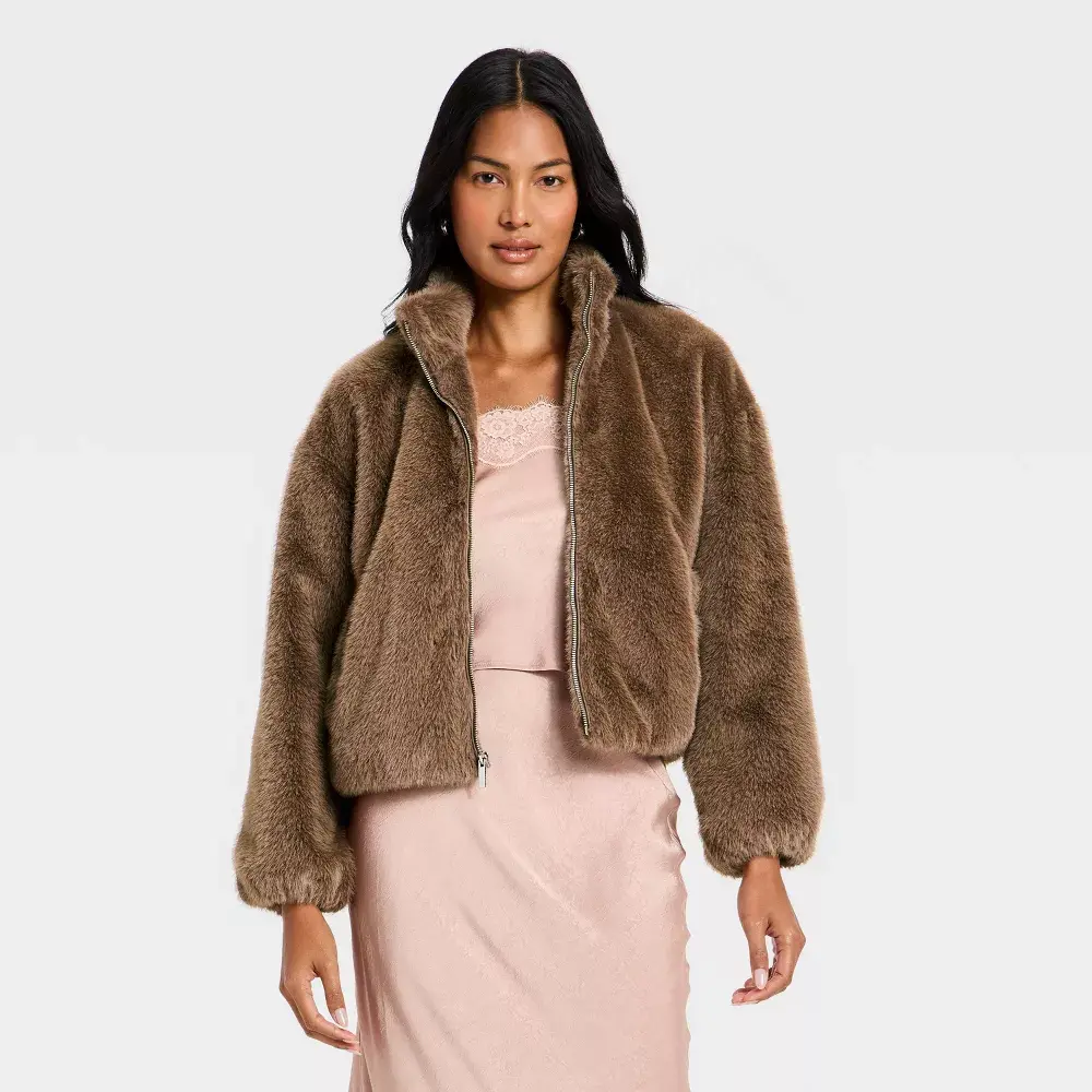 Women's Faux Fur Zip-Up Jacket - A