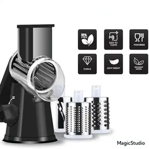 Rotary Cheese Grater Hand Crank - Counter Top 3 Blade Manual Cheese Shredder with Reinforced Suction, 3 Interchangeable  Round Mandoline Slicer, Black