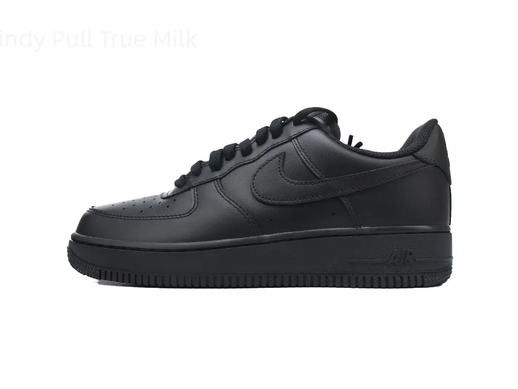 Solid black polished leather skate sneakers, subtle tonal embossed swoosh detail, heavy-duty wear-resistant black rubber outsole, timeless unisex dark trainers for classic hip-hop, rap shows and underground streetwear fits