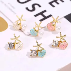 Fashion Asymmetric Ocean Style Earrings Stud for Women Girl Starfish Shell Earring Bohemian Pearl Zircon Studs