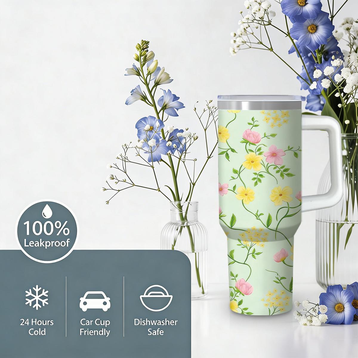 Floral Bloom 30 oz Travel Mug, Sunkissed Yellow & Pink Wildflower Print on Pastel Green, Ambidextrous Lid with Handle, Triple-Wall Insulated Iced Coffee Cup for Summer Road Trips special edition