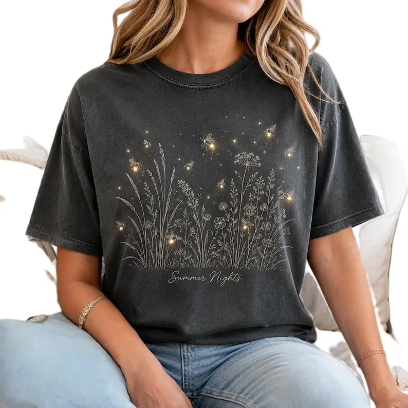 Summer Nights Firefly Shirt  Wildflower Tee Nature Lover Gift Botanical Lightning Bug Graphic Top Meadow Flower Clothing