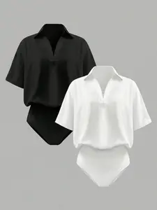 2 Piece Women's Spring Summer Fashion Comfortable Fitted Collared Short Sleeve Jumpsuit Set, Casual Plain Minimalist Design for Stylish