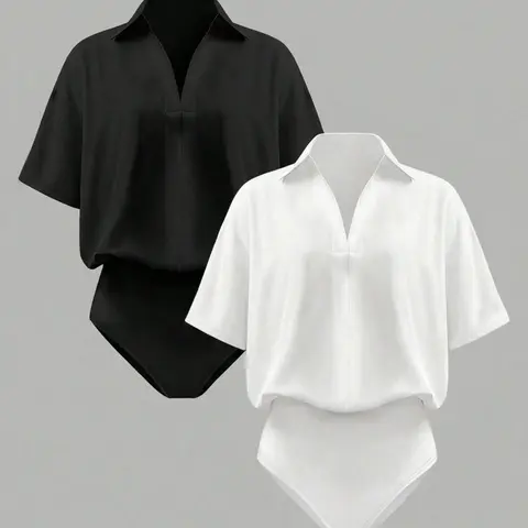 2 Piece Women's Spring Summer Fashion Comfortable Fitted Collared Short Sleeve Jumpsuit Set, Casual Plain Solid Minimalist Design for Stylish Casual Comfy Jumpsuit Chic Casual Jumpsuit Casual Summer Jumpsuits