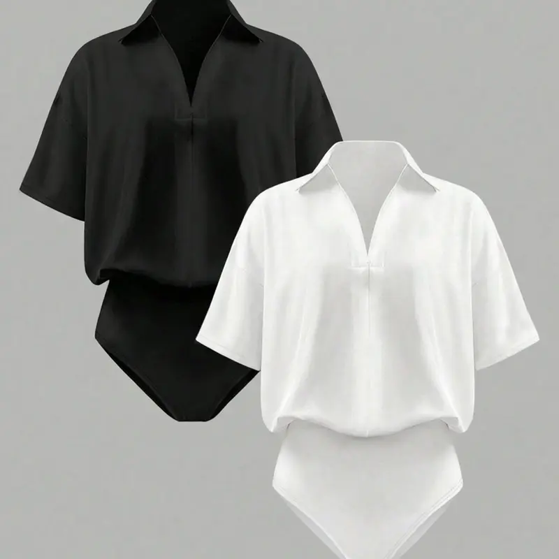2 Piece Women's Spring Summer Fashion Comfortable Fitted Collared Short Sleeve Jumpsuit Set, Casual Plain Solid Minimalist Design for Stylish Casual Comfy Jumpsuit Chic Casual Jumpsuit Casual Summer Jumpsuits