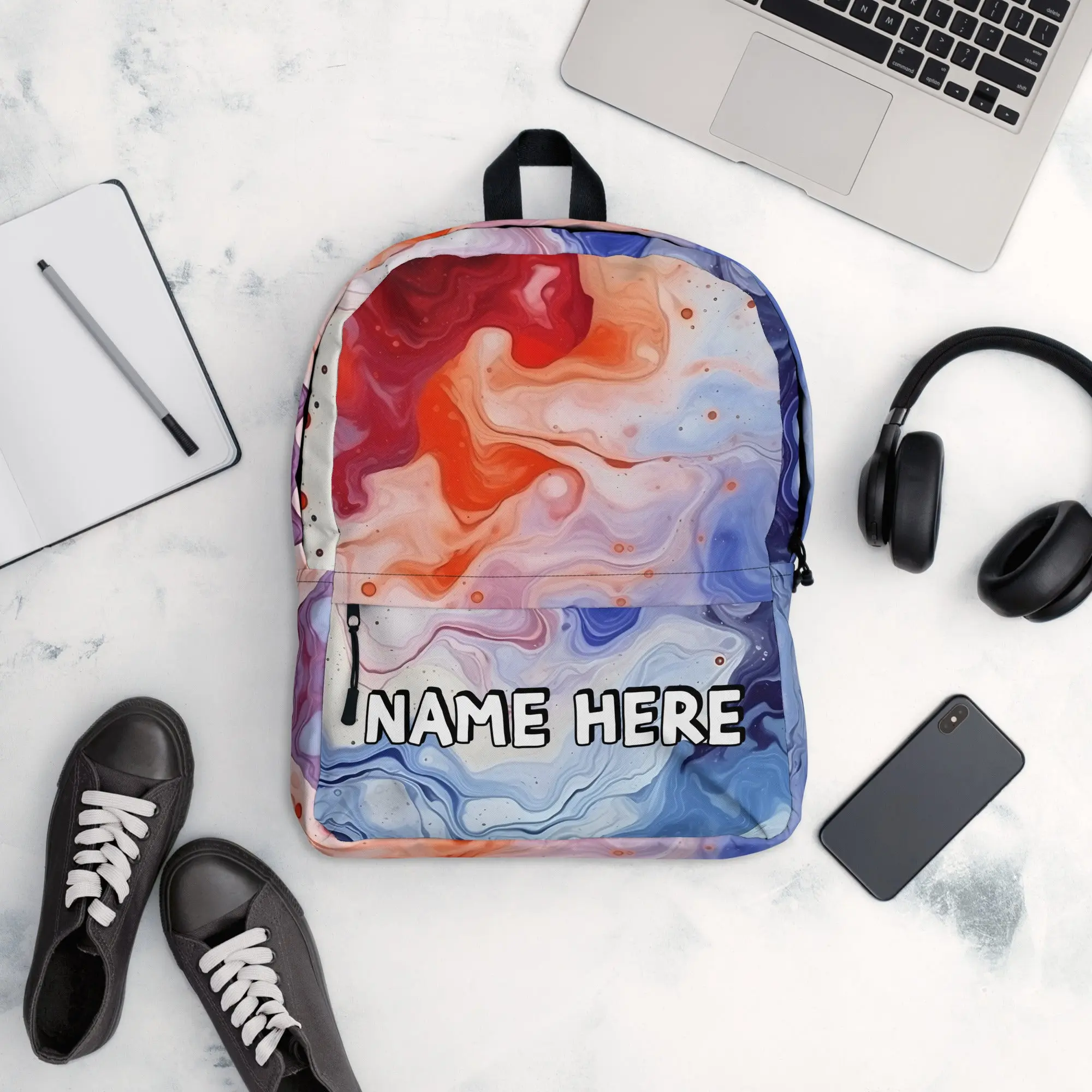 Custom Name Marble Backpack, Personalized Elegant Rucksack, Customized Minimalist School Bag, Abstract Gift, Marble Present