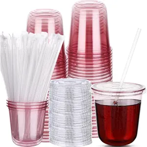 50 Sets Disposable Stemless with Flat Lids and,PET Drinking Cups,Clear Coffee Cup for Iced Coffee, Smoothie, Cold Beverage, Drink Shop Christmas Supply (Pink, 12oz)