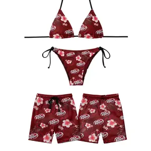 Couple Matching Swimwear, Dr Pepper Red Tropical Flower Print Bikini Set with Men's Shorts, Best Couple Gift Idea