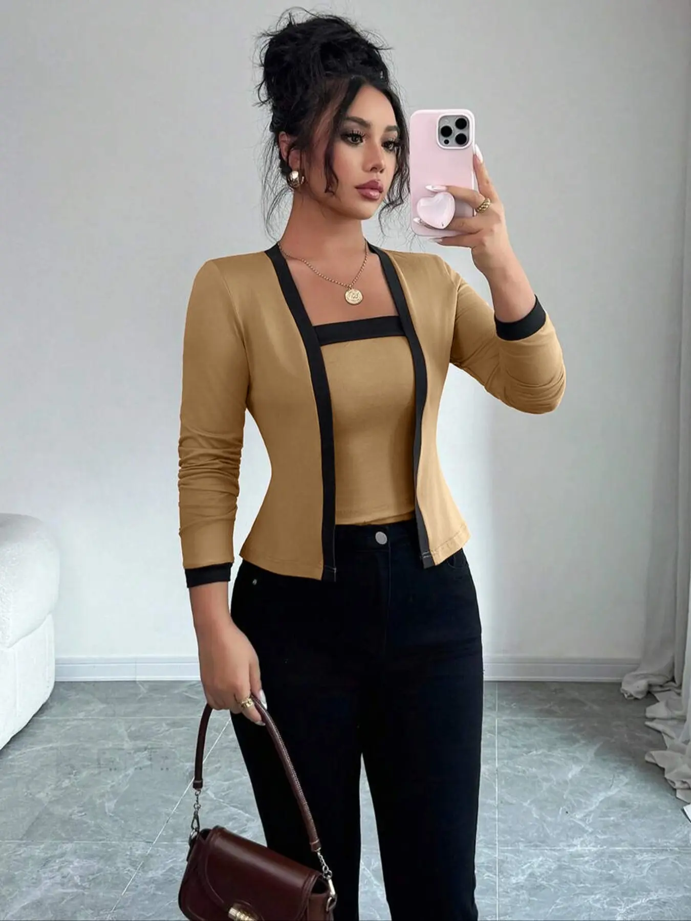 Elegant Women's Casual Colorblock Basic Long Sleeve Knitwear Fitted Cardigan Set, Backless Camisole Top, Fashionable Spring & Fall Wear, 2 Piece Womenswear Knitting