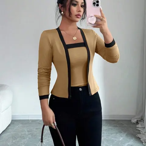 Elegant Women's Casual Colorblock Basic Long Sleeve Plain Knitwear Fitted Cardigan Set, Backless Camisole Top, Fashionable Spring & Fall Wear, 2 Piece Womenswear Knitting