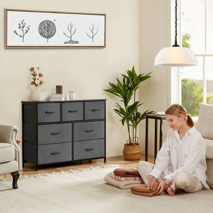 OLIXIS 7-drawer bedroom storage cabinet, 7 storage drawers, wide fabric wardrobe storage cabinet, TV cabinet with wooden top and metal frame, suitable for bedroom, living room, hallway, entryway, white