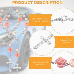 Elegant Rose Car Bead Pendant, Rearview Mirror Hanging Ornament with Cross Charm, Abs Material, Religious Car Decor, Personal Protection, Boujee Car Accessories