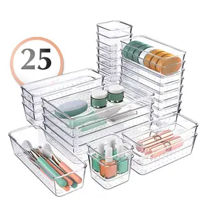 25pcs Clear Plastic Drawer Organizer Set, Plastic Non Slip Non Cracking Kitchen Drawer Storage Tray Large Size Divider, Multifunctional Storage For Cosmetics, Bathroom, Tools, Kitchen And Office